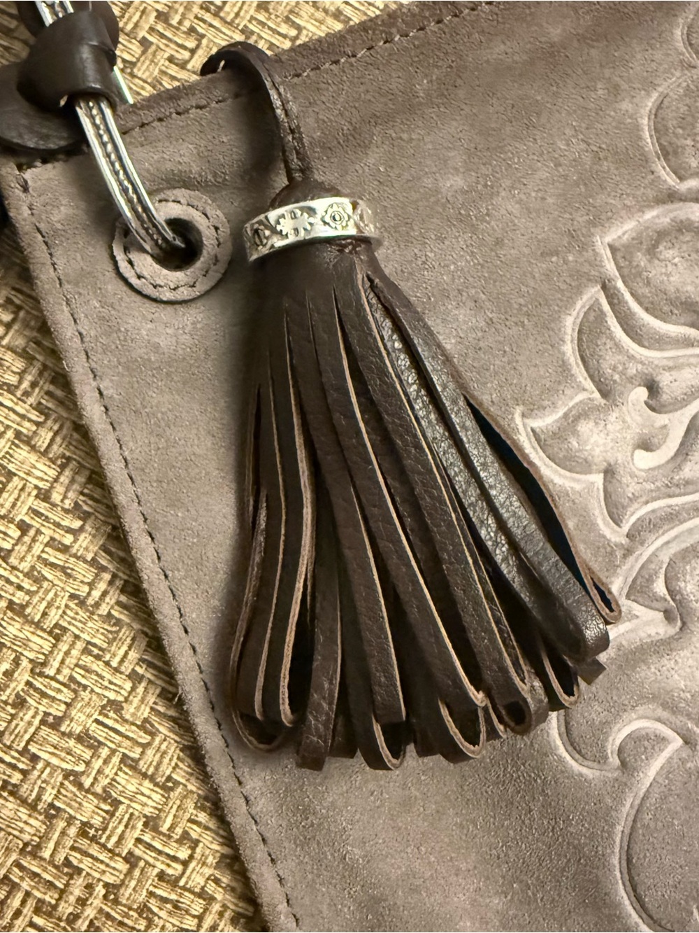 Brighton Piper Suede Medallion Shoulder Bag Taupe Gray - Picture 2 of 16